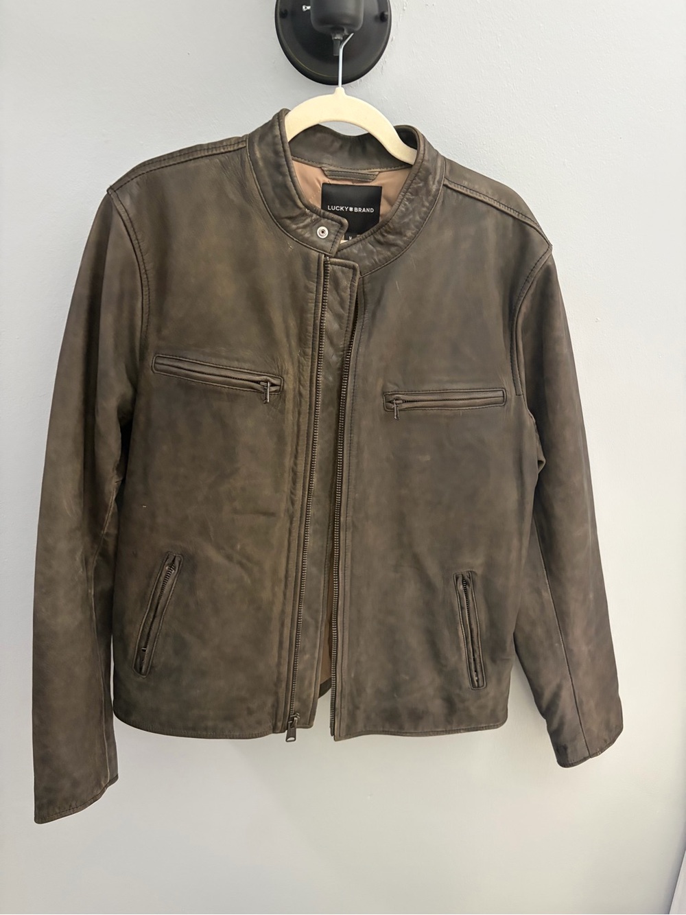 Lucky Brand Men's Distressed Brown Leather Bomber Jacket
